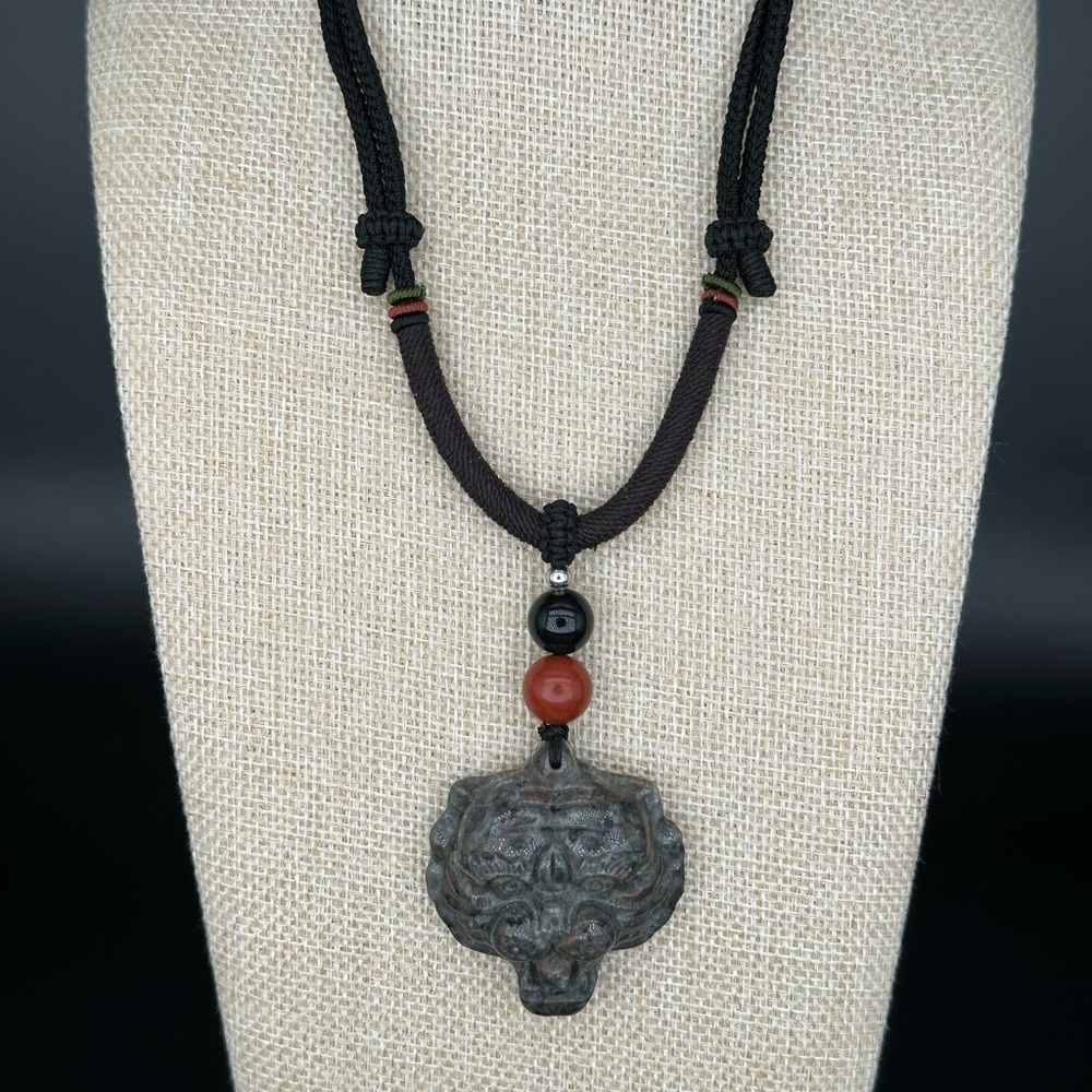 Yooperlite Tiger Pendant Necklace; Red Jasper and Onyx on Brown and Black Rope - Picture 2 of 10